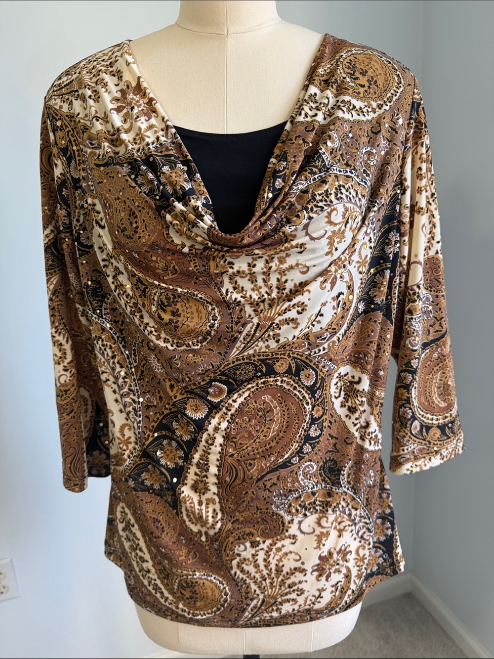 Dressbarn Brown Paisley Drape Neck Blouse SZL